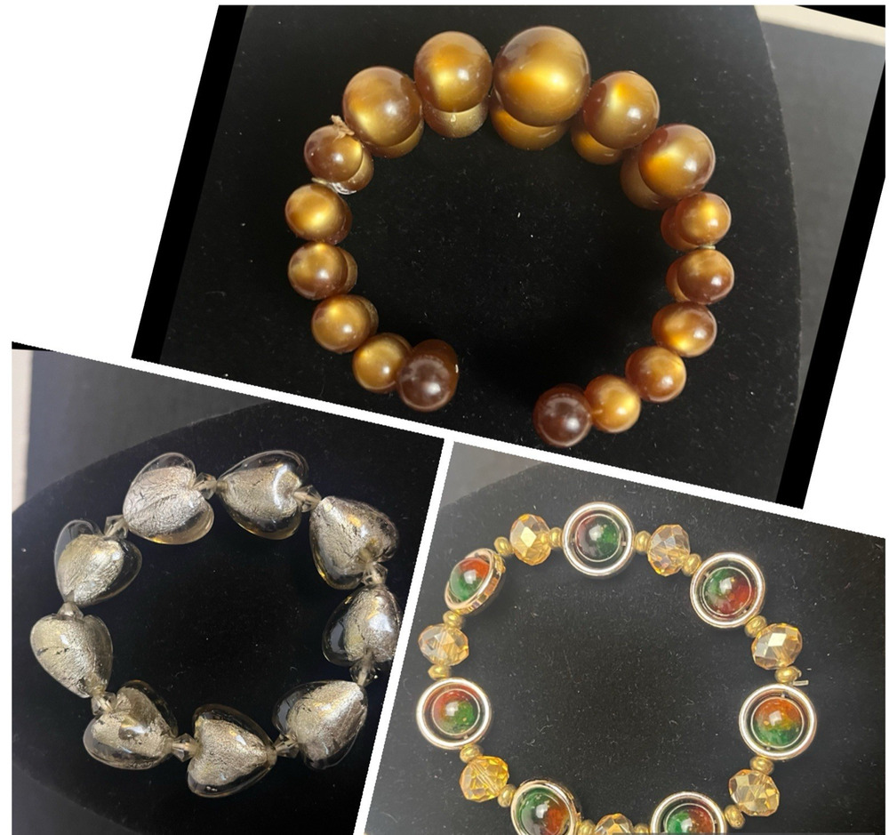 Bracelet Lot Brown Moon Glow Lucite MCM Glass Hearts Beaded Cuff Wrap Vintage